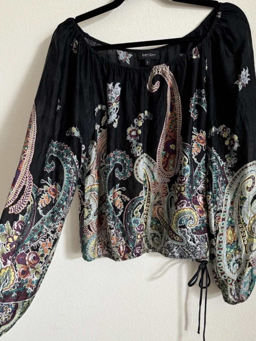 Y2K Black Sheer Silk Paisley Boho Bell Sleeve Top Karen Kane Small Festival